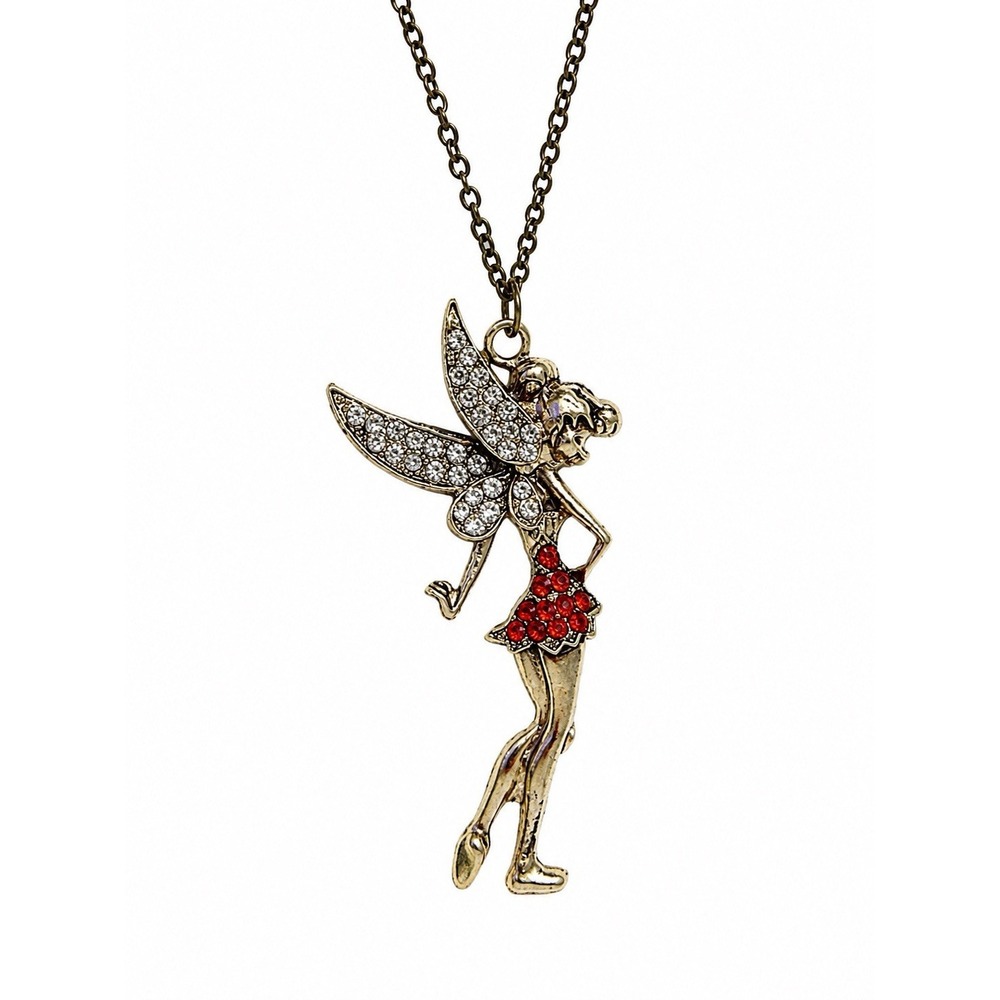 Tinker Bell Fairy Rhinestone Pendant Necklace Red /Crystal Wings Silver Tone 18"
